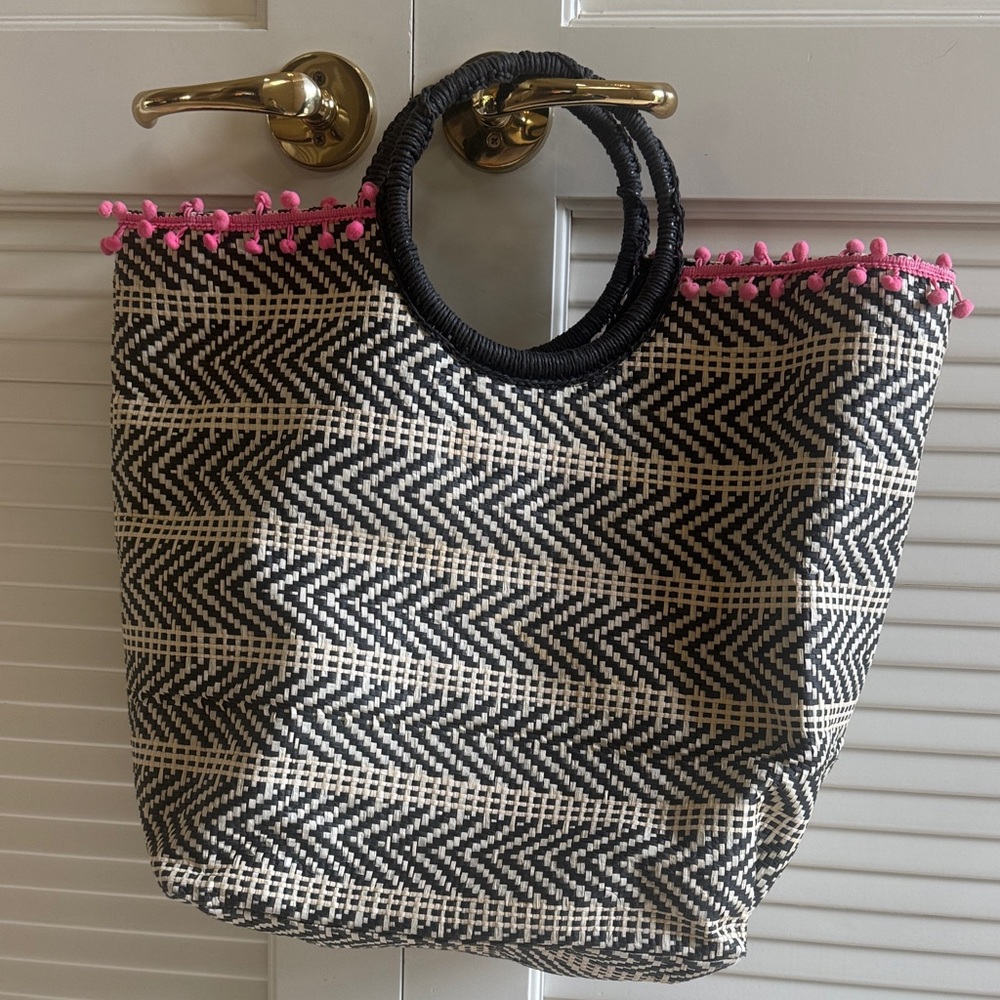 Black and White Woven Tote Bag with Pink Accents